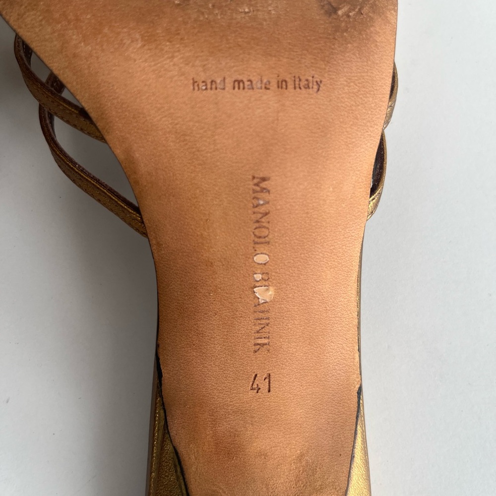 Manolo Blahnik Metallic Gold Strappy Slide Heels - Picture 6 of 6